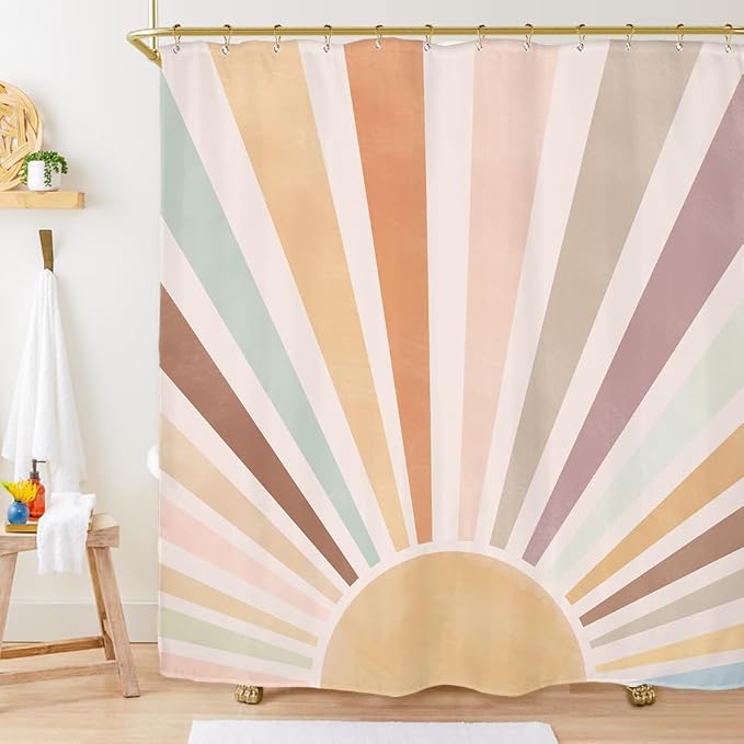 Miyotaa Pastel Sun Rainbow Retro Shower Curtain Set 60Wx71H Inches Minimalist Art Girls Abstract Colorful Aesthetic Vintage Polyester Waterproof Cloth Bathroom Curtain with 12 Hooks