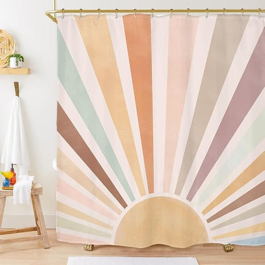 Miyotaa Pastel Sun Rainbow Retro Shower Curtain Set 60Wx71H Inches Minimalist Art Girls Abstract Colorful Aesthetic Vintage Polyester Waterproof Cloth Bathroom Curtain with 12 Hooks