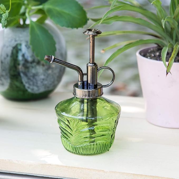 Glass Mini Watering Can Vintage Plant Mister Flower Water Spray Bottle and Faceted Glass Plant Watering Globe with Terracotta Spike, Plant Watering Gift Set,Green