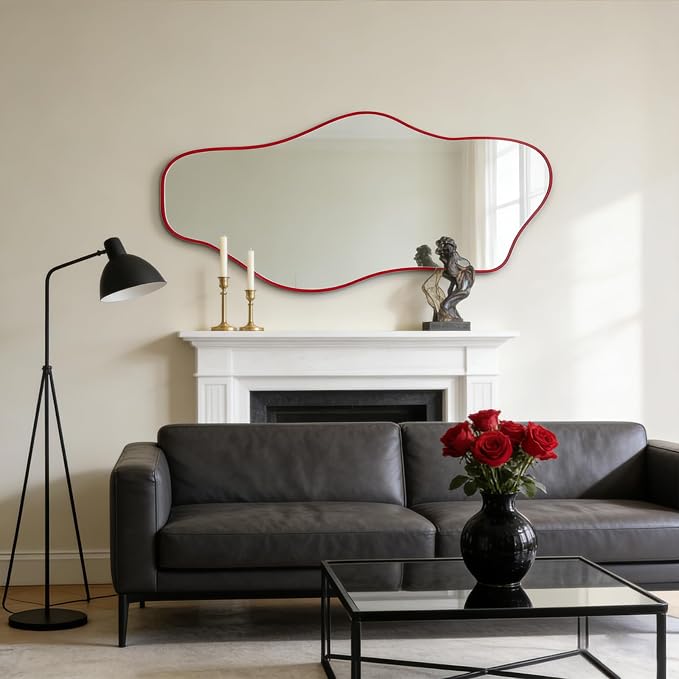 Large Irregular Mirror, 54.5"x24" Red Asymmetrical Tempered Glass Mirror, Modern Organic Shape Frameless Mirrors for Entryway Hallway Bedroom Living Room, Horizontal or Vertical Hanging