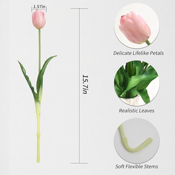 20 Artificial Tulips in Fluted Glass Vase, Waterproof Faux Flowers Bouquet for Wedding Home Office Decor, Table Centerpiece, Housewarming Birthday Gift Set (Pink)