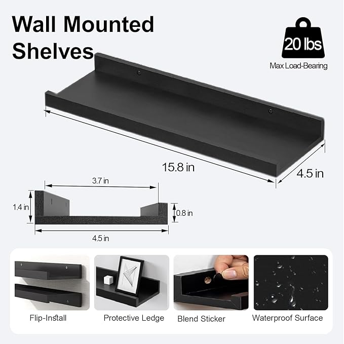 Black Floating Shelves for Wall Decor, Wall Mounted Wood Storage Shelf for Bedroom, Living Room, Bathroom, Kitchen, Nursery, Display Picture Ledge Shelf with Lip Set of 2-16 Inches, Black