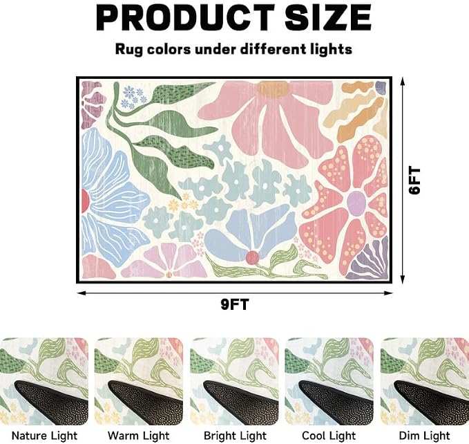 Floral Area Rug Modern Abstract Rug Pastel Flower Print Carpet Colorful Bohemian Plant Rugs for Bedroom Living Room Nursery Kitchen Playroom Home Decor,6'x9'
