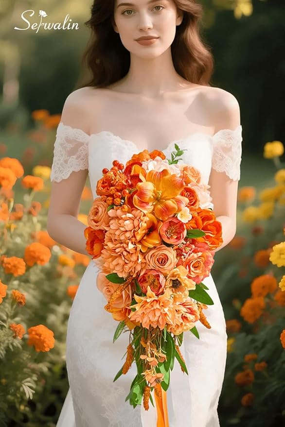 Serwalin 11 Inch Wedding Bouquets for Bride Bridesmaid,Fall Cascading Orange Bridal Bouquets for Bride,Wedding Ceremony and Anniversary Day Decor