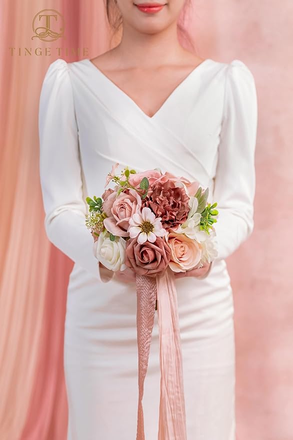 TINGE TIME 9 inch Bridal Bouquets for Bride, Artificial Silk Flowers Tossing Bouquet, Bride Bouquets for Wedding,Ceremony, Anniversary (DustyRose&Cream)