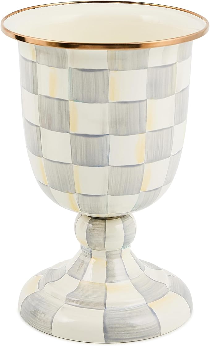 MACKENZIE-CHILDS Pedestal Vase, Decorative Centerpiece and Flower Holder, Gray-and-White Sterling Check