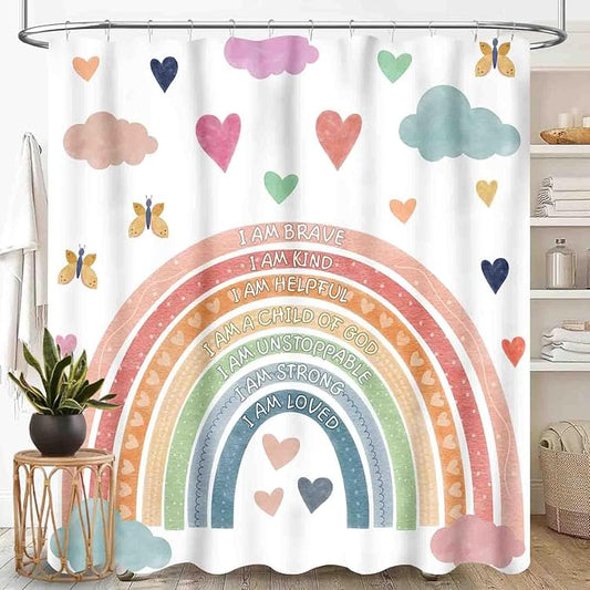 Pastel Rainbow Shower Curtain for Bathroom, Kids Girls Baby Boho Cute Inspirational Motivational Quotes Rainbow Colorful Waterproof Fabric Shower Curtain Set with Hooks, 72"x78" Inch