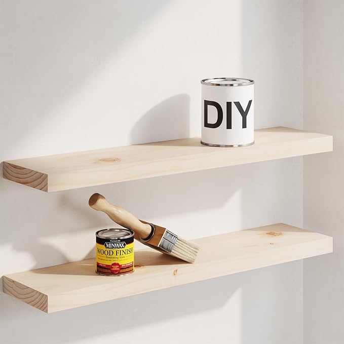 Homeforia 24 inch Wood Floating Shelves, High End Solid Natural Wood 24inch Floating Shelf for Wall, Unfinished Wooden 24 inches Floating Shelves, Heavy Duty Bracket, 24 X 6.5 X 1.75 in, Set of 3