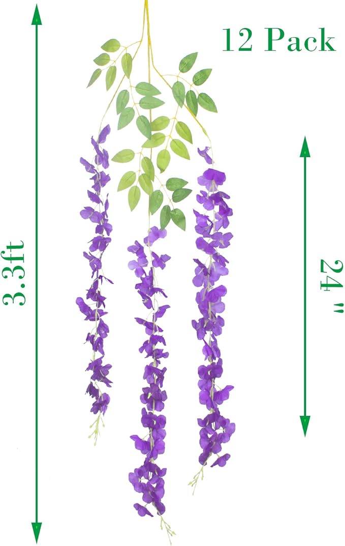 12 Pack Artificial Flowers Silk Wisteria Vine Ratta Hanging Flower (Blue)