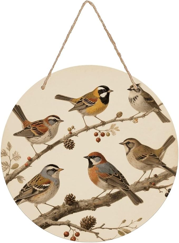 VstaDank Vintage Bird Wall Decor Round Wood Hanging Sign 7.9x7.9 in Wooden Circle Door Hanger with Ropes, Rustic Wall Art Decor for Home Front Door Indoor Outdoor Decoration
