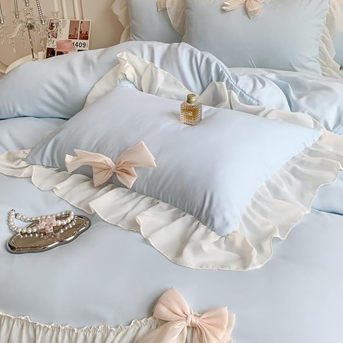 Ruffled Bedding Bow Duvet Cover Set with Butterfly Tie, Princess Style 1 Duvet Cover with 2 Pillowcases,Zipper Closure, No Comforter-Blue,Queen Size