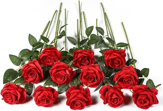Kisflower 12 Pcs Red Roses Artificial Flowers with Stems Silk Roses Fake Rose Realistic Flower Bouquet for Wedding Party Office Home Decor (Red)