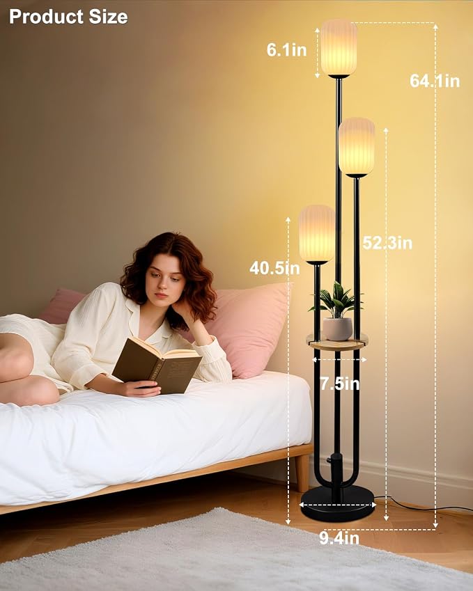 Floor Lamp for Living Room, Dimmable Vintage Floor Lamp with Shelf & LED Bulbs, 3 Light 3000K Soft Warmwhite Mid Century Standing Lamp, Tall Lamps with 5Lbs Heavy Base for Bedroom Home Decor