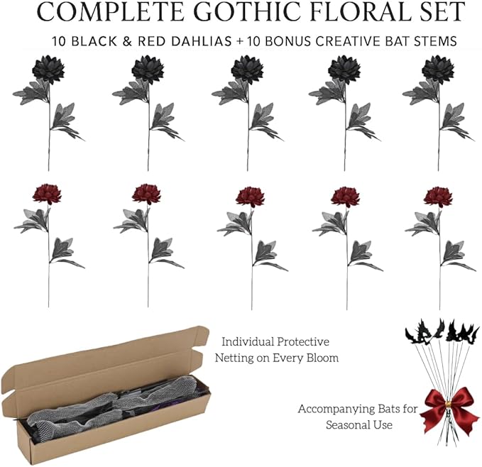 Gothic Black and Red Artificial Dahlia Flowers – Luxury Faux Bouquet for Vase Decor, Dark Aesthetic Centerpiece Arrangement for Modern Home, Living Room, Entryway & Dining Table Décor