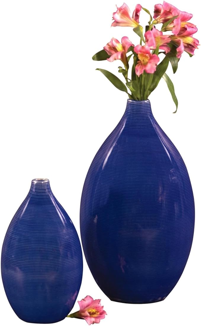 Howard Elliott Glazed Ceramic Flower Or Decorative Home Vase Set, Cobalt Blue, 2 Piece, 7 x 12 Inch and 5 x 8 inch