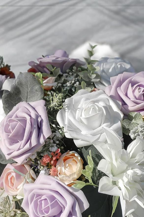 Ivory White Artificial Roses 25pcs, Real Looking Fake Foam Flowers with Stems for DIY Wedding Bridal Bouquets, Centerpieces, Party, Baby Shower, Christmas Decor