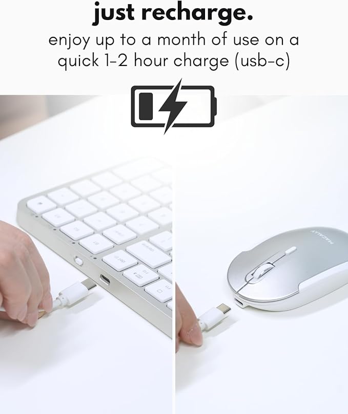 Macally Bluetooth Mac Keyboard and Mouse - Compact (2 Zone) Wireless Apple Keyboard and Mouse Combo with Number Pad - Multi Device, Rechargeable - for Mac, MacBook Pro/Air, iPad, iPhone - Silver