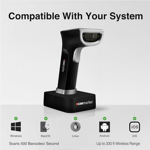 Scanmarker Wireless Barcode Scanner - Boost Speed & Accuracy with Bluetooth & 2.4G Modes | Handheld QR Scanner with Charging Stand for Laptop, iOS & Android