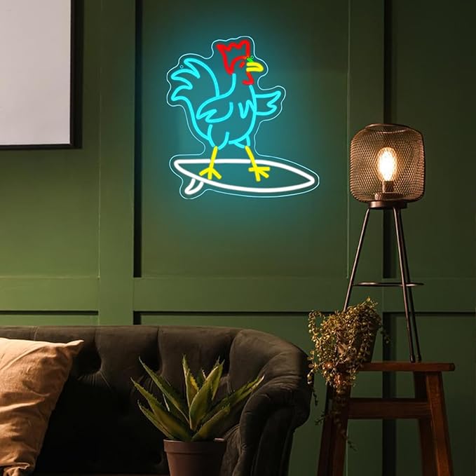 Chicken on Skateboard Neon Signs for Wall Decor Chicken Led Sign Colorful Skateboard Led Light Dimmable USB Skateboard Neon Light for Living Room Bar Kidsroom Boys Room Shop Birthday Party