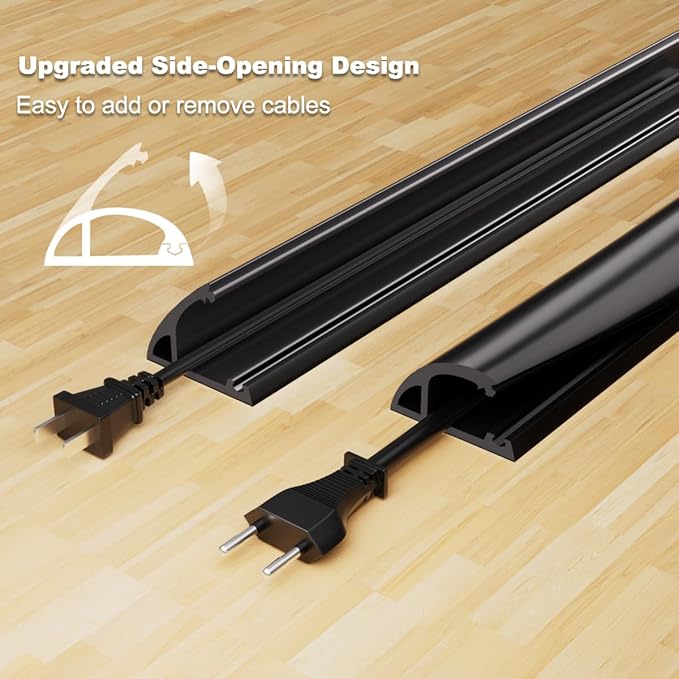 Kneelisa 10FT Side-Open Extension Cord Covers for Wires on Floor,Silicone Power Cable Protector Cord Hider Management Strip,Hide Electric Wire on Carpet,Chord Runner Protective Safety Wiremold,Black