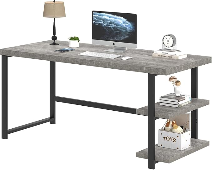 FOLUBAN 60 Inch Computer Desk, Modern Large Home Office Desk with Storage Shelves, Wood and Metal Writing Table Study Gaming Desk Workstation for Living Room, Industrial Light Grey