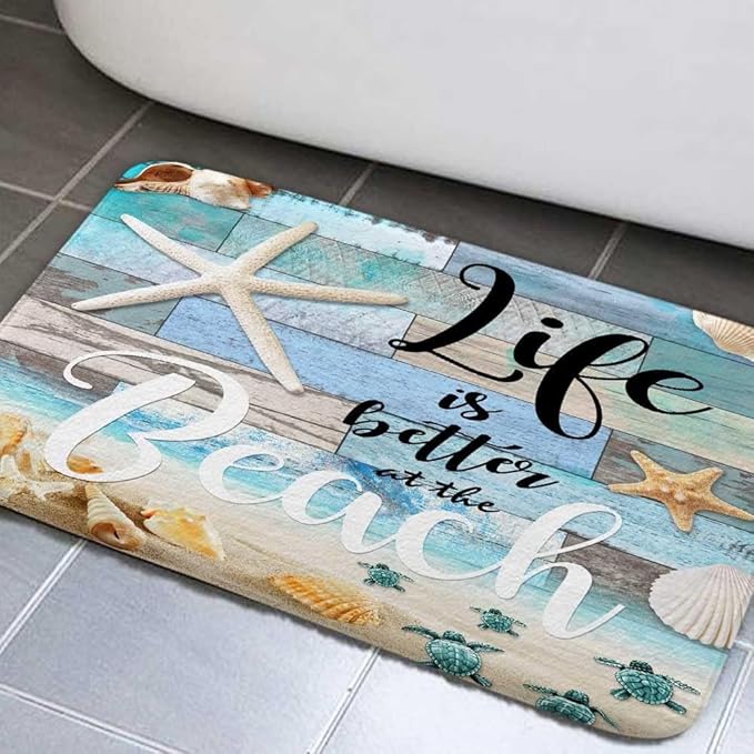Beach Starfish Sea Shell Ocean Bathroom Rugs Mat, Non Slip Rustic Beach Bath Rugs for Bathroom, Durable Rustic Wooden Flannel Mat Rug, Absorbent Water Clearance Mats for Laundry Room Kitchen,19X31