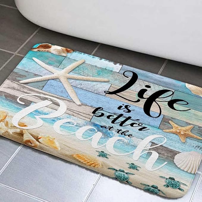 Beach Starfish Sea Shell Ocean Bathroom Rugs Mat, Non Slip Rustic Beach Bath Rugs for Bathroom, Durable Rustic Wooden Flannel Mat Rug, Absorbent Water Clearance Mats for Laundry Room Kitchen,17X29