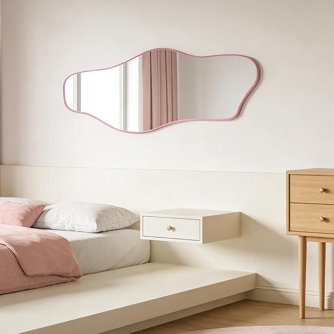 Large Irregular Mirror, 60"x24" Pink Asymmetrical Tempered Glass Mirror, Modern Organic Shape Frameless Mirrors for Entryway Hallway Bedroom Living Room, Horizontal or Vertical Hanging