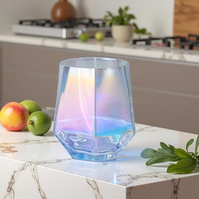 Stemless Wine Glasses Set of 4, 10 Oz Iridescent Glassware Modern Rainbow Wine Glass Colored Tumblers for Red Wine, Cocktail, Whiskey, Bourbon, Gift for Wine Lovers