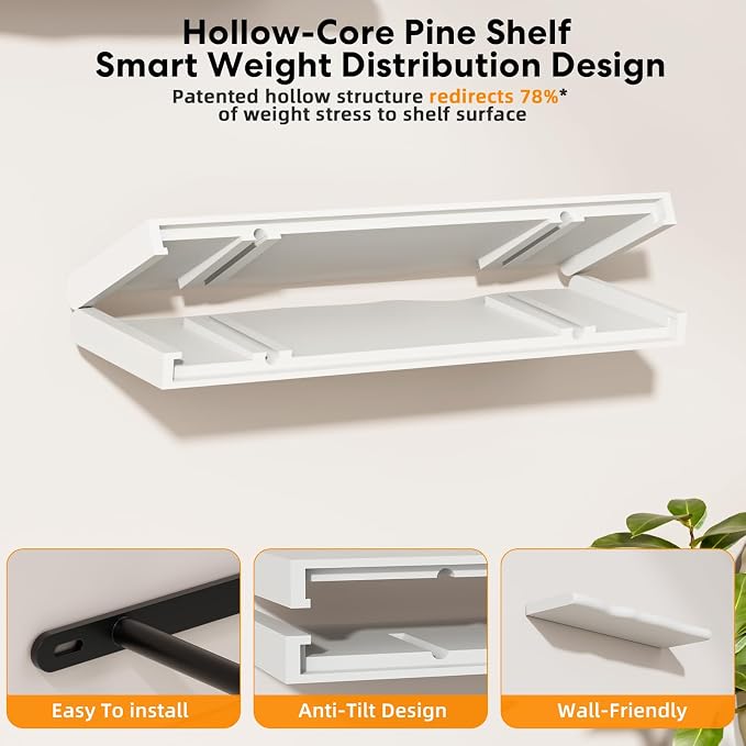 Solid Wood Live Edge Floating Shelves Set of 2 – 24" Rustic Wall Shelf with Hidden Bracket System, Wall Mounted Shelves for Bathroom, Kitchen, Living Room, Bedroom (White)