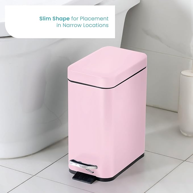 Home Zone Living 3-Pack 1.3 Gallon Small Pink Bathroom Trash Can with Lid and Step Pedal, Stainless Steel Wastebasket with Slim Design for Home and Office, 5 Liters
