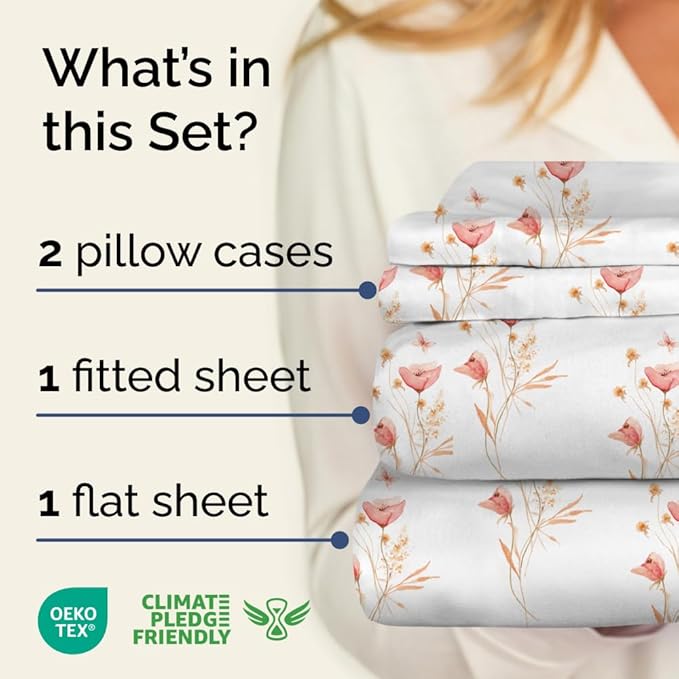 Floral Sheets - Pink Floral Butterfly Bed Sheet Set - 1 Flat & 1 Fitted & 2 Pillowcases w/ Deep Pockets - Wrinkle & Fade Free - Boho Botanical Bedding - Soft, Breathable and Cooling - Full Size New