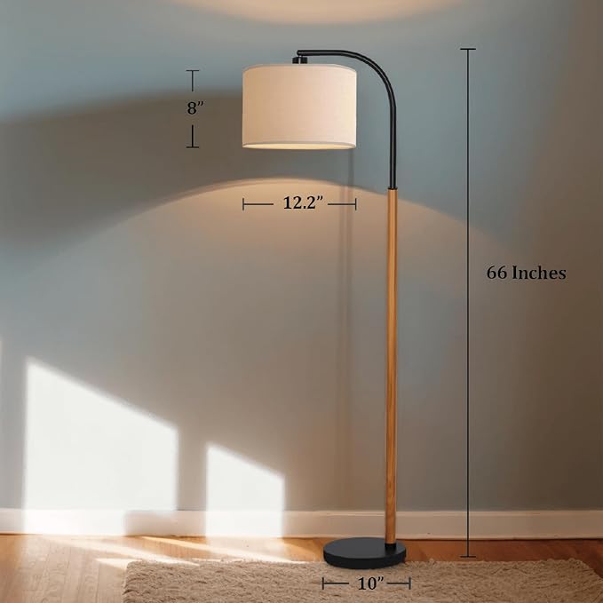 66” Brown Black Arc Floor Lamps for Living Room, 1200 Lumens 3-Level Brightness Wood Floor Lamp for Bedroom, Vintage Mid Century Black Standing Lamp, Adjustable Lampshade, LED Bulb Included