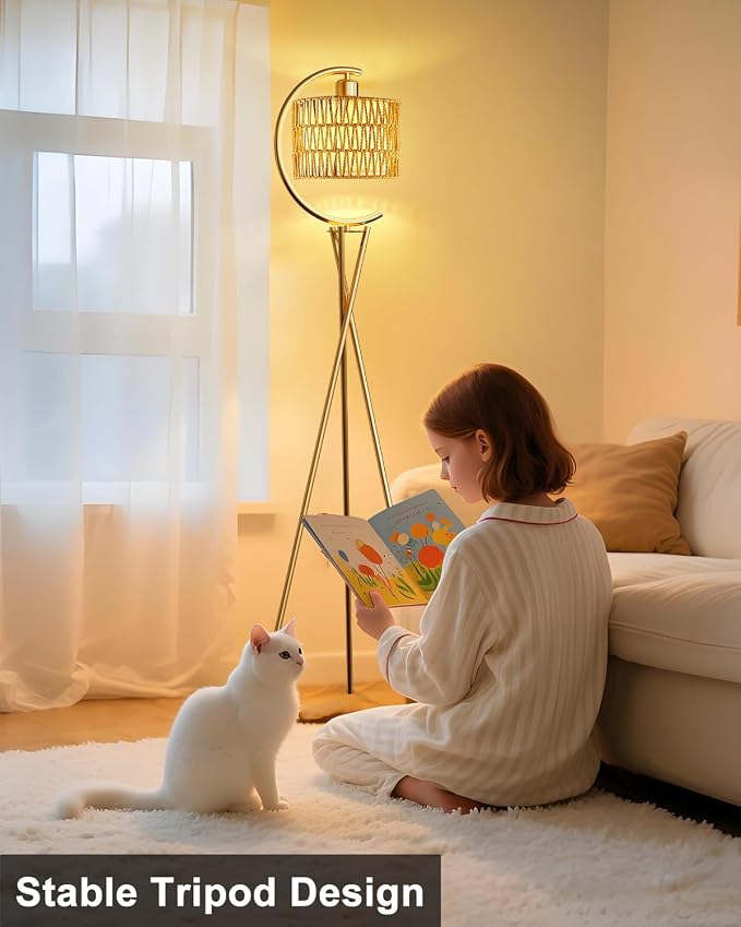 Lightdot Tripod Floor Lamp for Living Room, Gold Standing Lamp with Bulb Included, Boho Farmhouse Tall Lamp for Bedroom, Arced Reading Light with Rattan& Linen Shades for Sofa Beside/Corner Decor