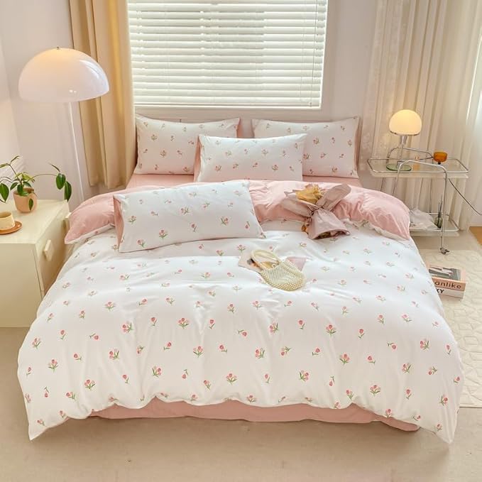 Nayoroom Pink Floral Duvet Cover Queen Size Coquette Tulip Printed on White Reversible Comforter Cover 3 Pcs Girls Cottagecore Bedding Set with Pillow Sham Soft Lightweight Microfiber