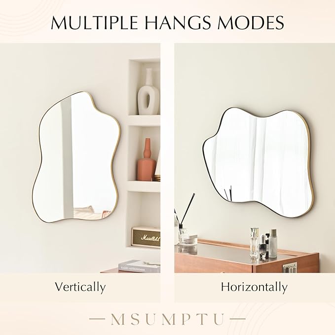 Irregular Wall Mirror Gold Wave Shaped Metal Framed Wall Mirror for Bathroom Bedroom Entryway Living Room Wall Decor 28" L x 20" W 2304Gold