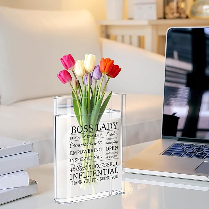 Boss Lady Bosses Day Gifts for Women Men Manager Funny Office Decor for Women Wooden Acrylic Book Flower Vase National Boss Day Decorations Gifts for Leader HR Men Manager Office Bookshelf Desk Decor