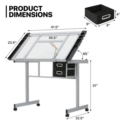 MoNiBloom Drafting Table - Adjustable 0-65° Glass Top on Wheels with Storage & Side Tray