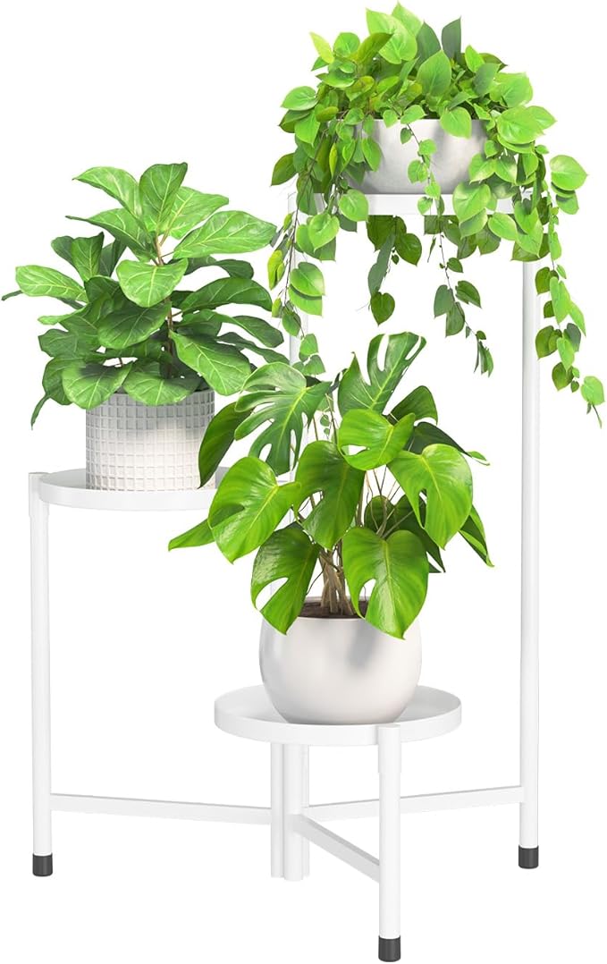 iDavosic.ly 3 Tier Large Plant Stand Indoor, 10 Inch Wide Tall Corner Metal Plant Stands Outdoor for Multiple Plants, Folding Tiered Flower Display Holder Rack Shelf, White