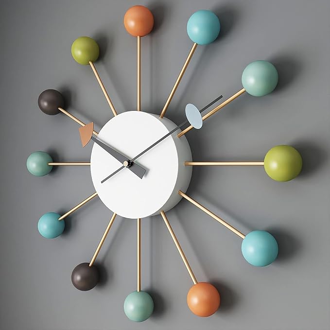 SHISEDECO Mid Century Quartz Wall Ball Clock Multicolor Large Size, Decorative Modern Silent Creative Fashion Hanging Decoration for Home, Kitchen, Living Room, Office, Bedroom etc.