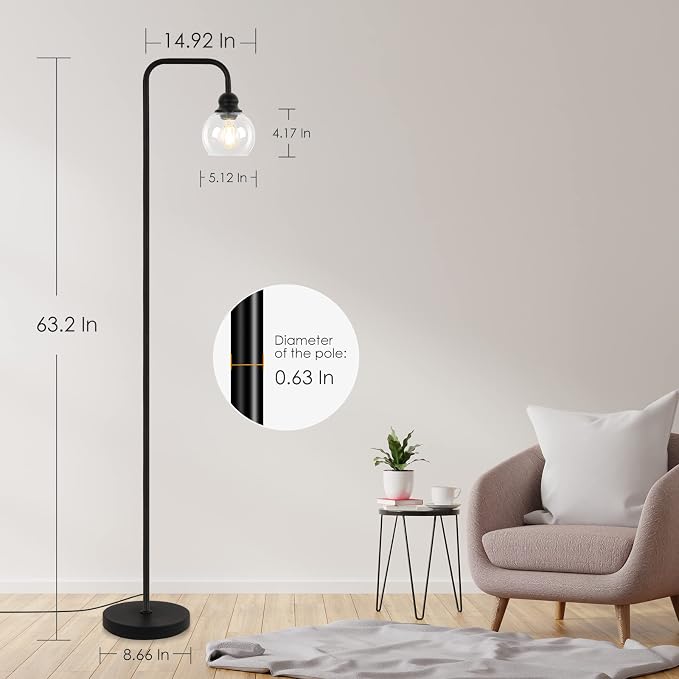 Modern Floor Lamps for Living Room with 6W LED Bulb, Industrial Floor Lamp, Clear Glass, Black Classic Reading Tall Lamp for Home Office, Standing Lamps for Bedroom, Study, Minimalist, Vintage