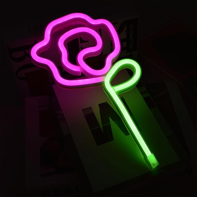 Rose Neon Sign - Red rose Flower with Green Stem Neon Art Wall Decor USB or 3-AA Battery Powered Operated for Girls Bedroom Birthday Gift Party Wedding Rose Lights for Bedroom (Pink)