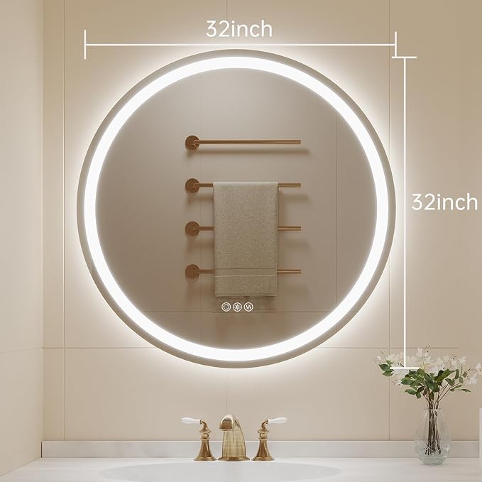 LOVESPEJO 32" Round LED Bathroom Mirror with Lights, Circle LED Mirror for Bathroom, Fogless, Dimmable, 3 Color Changing, Shatterproof