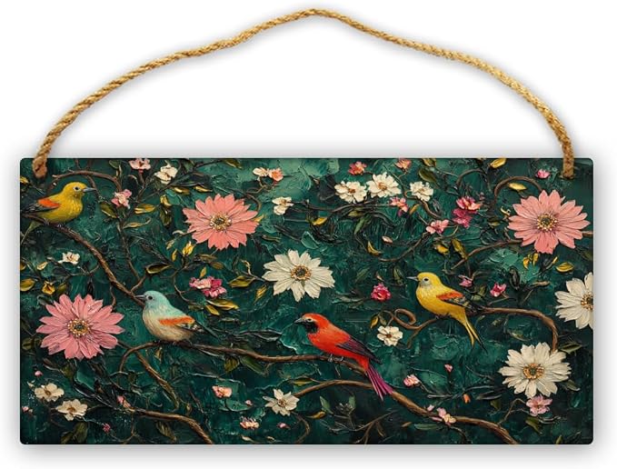 Retro Birds & Floral Scene Wooden Sign 12x6 Inch – Nostalgic Decors for Vintage Fans, Transform Gallery Wall & Great for Eclectic Interiors