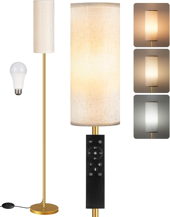 Dimmable Floor Lamp for Living Room with Remote and Foot Switch, Standing Tall Lamp, Bulb Included, 3000K-6500K, Beige and Gold, FCC Listed DE06LD05W1
