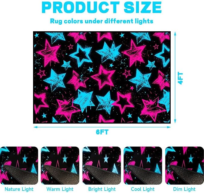 4'x6' Neon Star Area Rug Black Pink and Blue Floor Mat Abstract Star Print Rugs Washable Non-Slip Carpet for Bedroom Living Room Nursery Kitchen Playroom Home Decor