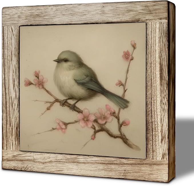 Cottagecore Floral Bird Wooden Desktop Sign, Vintage Bird on Blossom Branch Wood Plaque, Rustic Nature Tabletop Decor for Bedroom Living Room Office Shelf