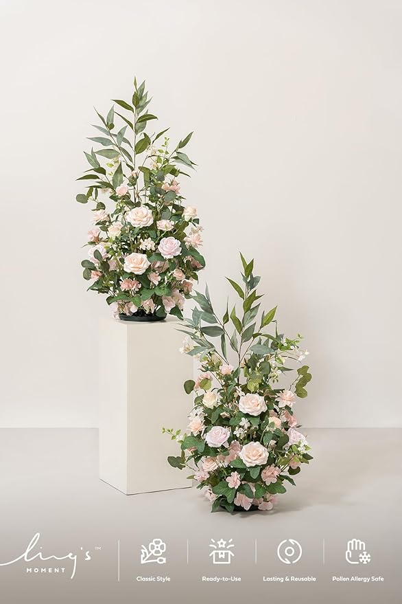 Ling's moment 41" Tall Ground Flowers for Wedding Decor, 2pcs Free Standing Artificial Flowers Arrangements, Aisle Chair Backdrop Decoration for Garden Arch Entryway Ceremony Reception, Blush & Cream