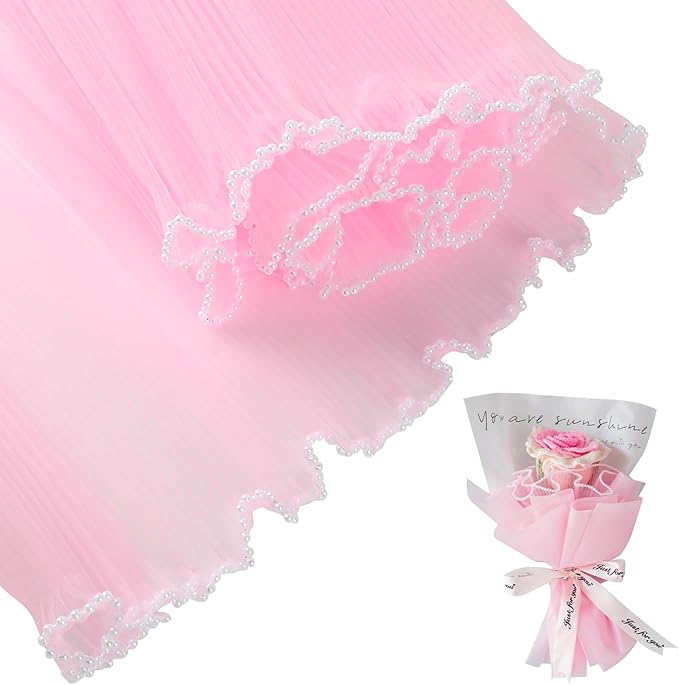 KIMOBER 4.3 Yards Pink Flower Wrapping Mesh Paper,Pearl Edge Wrinkled Wavy Net Yarn Flower Wrapping Mesh Paper for Valentine's Day Mother's Day Wedding Florist Supplies(Pink)