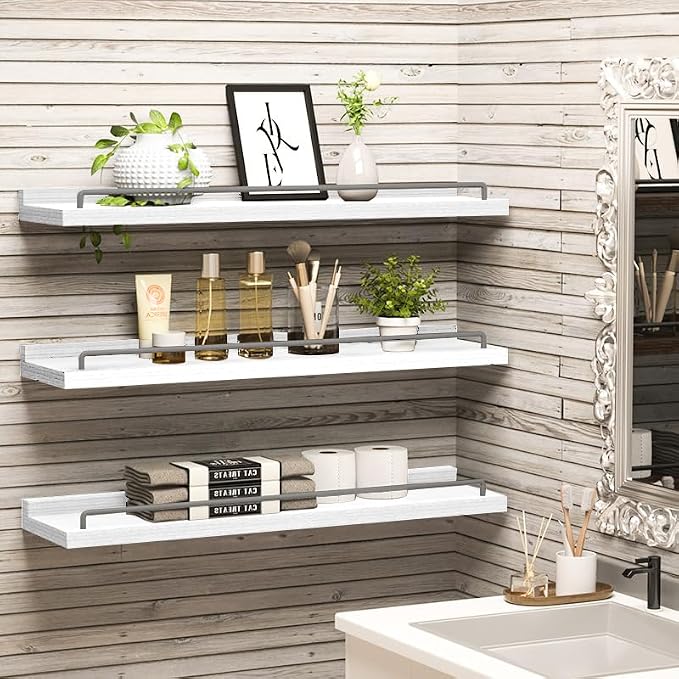 RYOFOBETTO 22 inches Long Floating Shelves, Bathroom Decor Shelves Over Toilet, Farmhouse Wall Shelves for Living Room, Bedroom, Picture Frames, Plants, Kitchen, Set of 3 (White and Grey)
